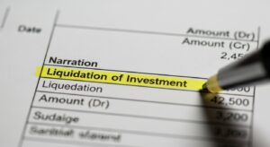 A photorealistic close-up shot of a printed bank statement. The focus is on the 'Narration' column, where text like 'Liquidation of Investment' is clearly visible and highlighted with a yellow marker. The image should convey a sense of official documentation and scrutiny.