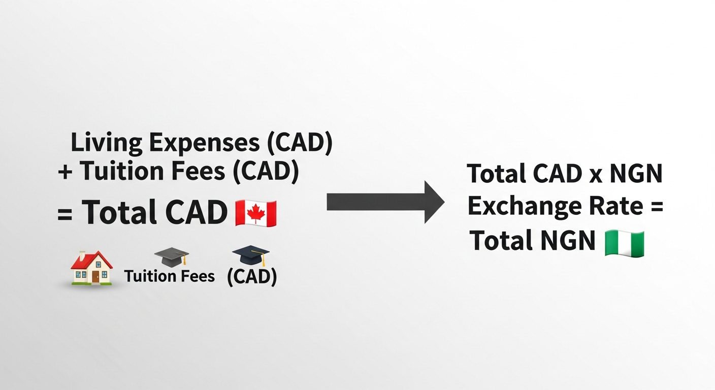 A photorealistic infographic-style image showing a clear, simple calculation. It displays 'Living Expenses (CAD) + Tuition Fees (CAD) = Total CAD', then an arrow pointing to 'Total CAD x NGN Exchange Rate = Total NGN'. The design is clean, professional, and easy to understand.