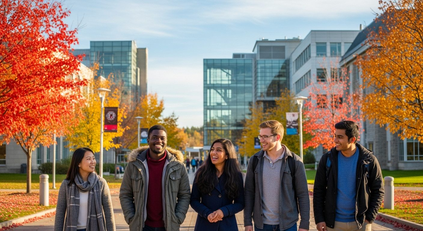 A diverse group of international students, including a Nigerian student, smiling and walking on a university campus in Canada. The architecture is modern, with autumn leaves on the ground, visually representing the study abroad pathway.