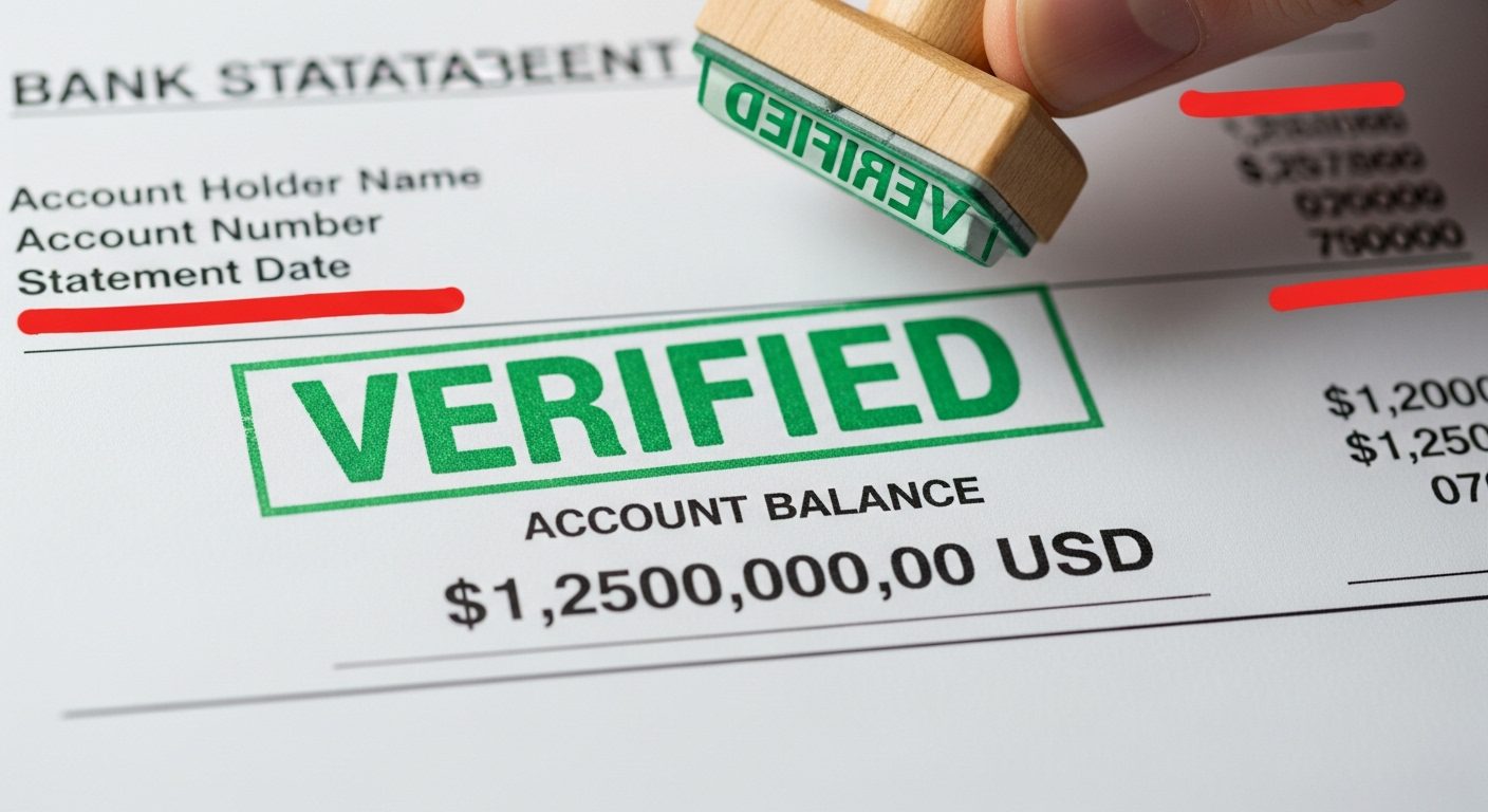A close-up, photorealistic shot of an official bank statement document being stamped 'VERIFIED' in green ink. The document clearly shows a significant account balance, symbolizing a successful proof of funds verification for a visa application.
