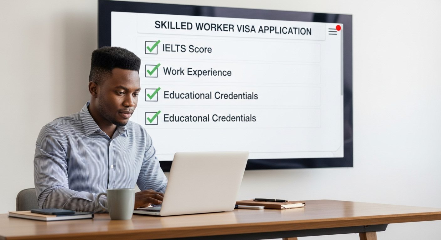 A photorealistic image of a Nigerian professional in their early 30s, working on a laptop at a modern desk. In the background, a digital screen displays a checklist for a skilled worker visa application, with items like 'IELTS Score,' 'Work Experience,' and 'Educational Credentials' checked off.