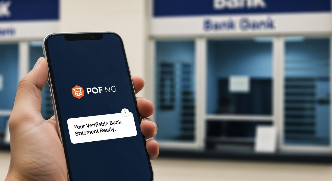 Create a photorealistic image depicting a secure digital transaction. A close-up shot of a hand holding a smartphone, with the POF NG logo on the screen and a notification that reads 'Your Verifiable Bank Statement is Ready.' In the background, a bank teller's window is visible but out of focus, symbolizing the seamless and modern alternative to traditional banking queues. The lighting is professional and reassuring.